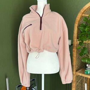 Forever 21 Baby Pink Burgundy Trim Cropped Sherpa Sports Long Sleeve Jacket